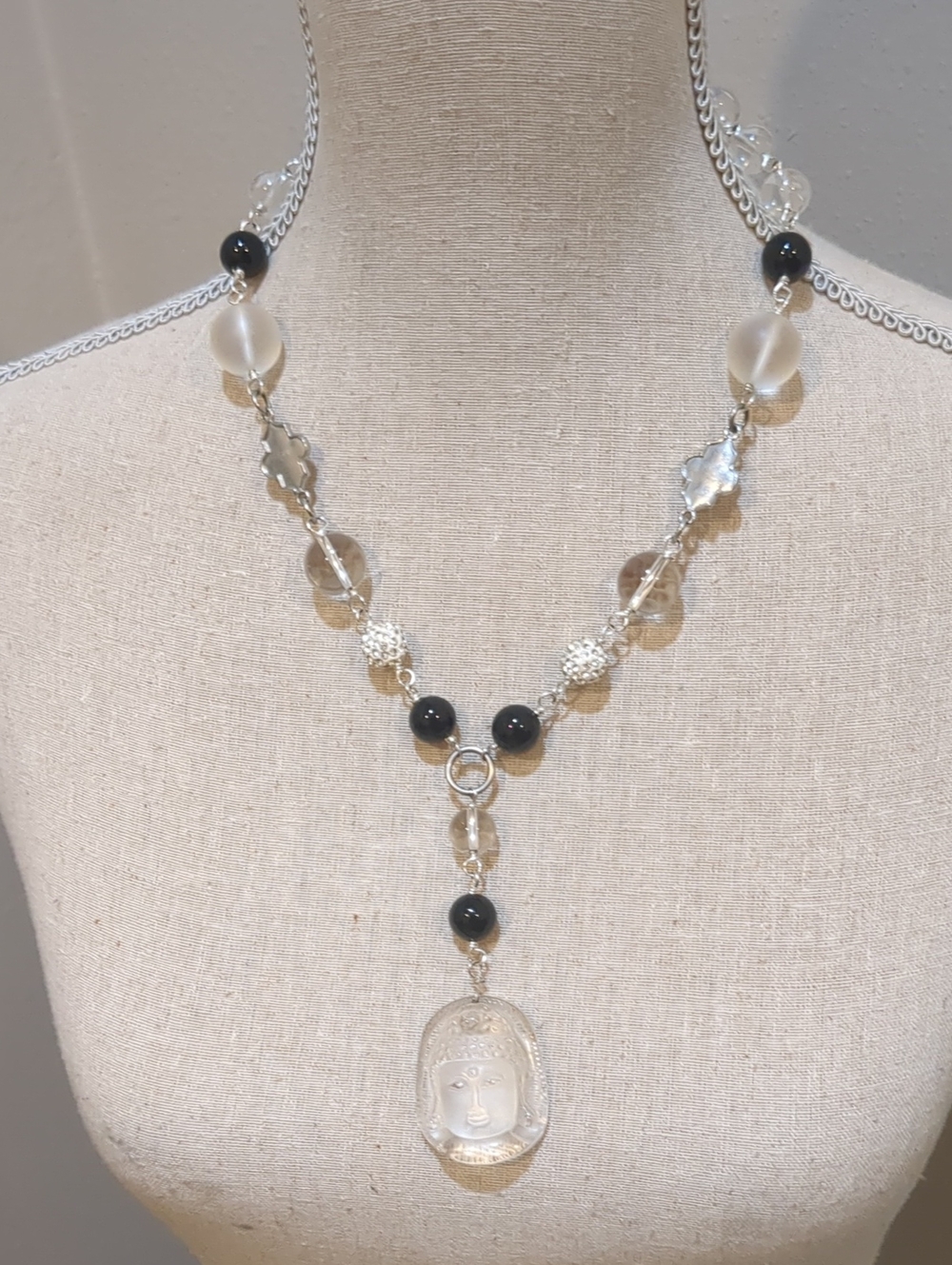 Cerese D Elegant Black & Clear Buddha Beaded Pendant Necklace